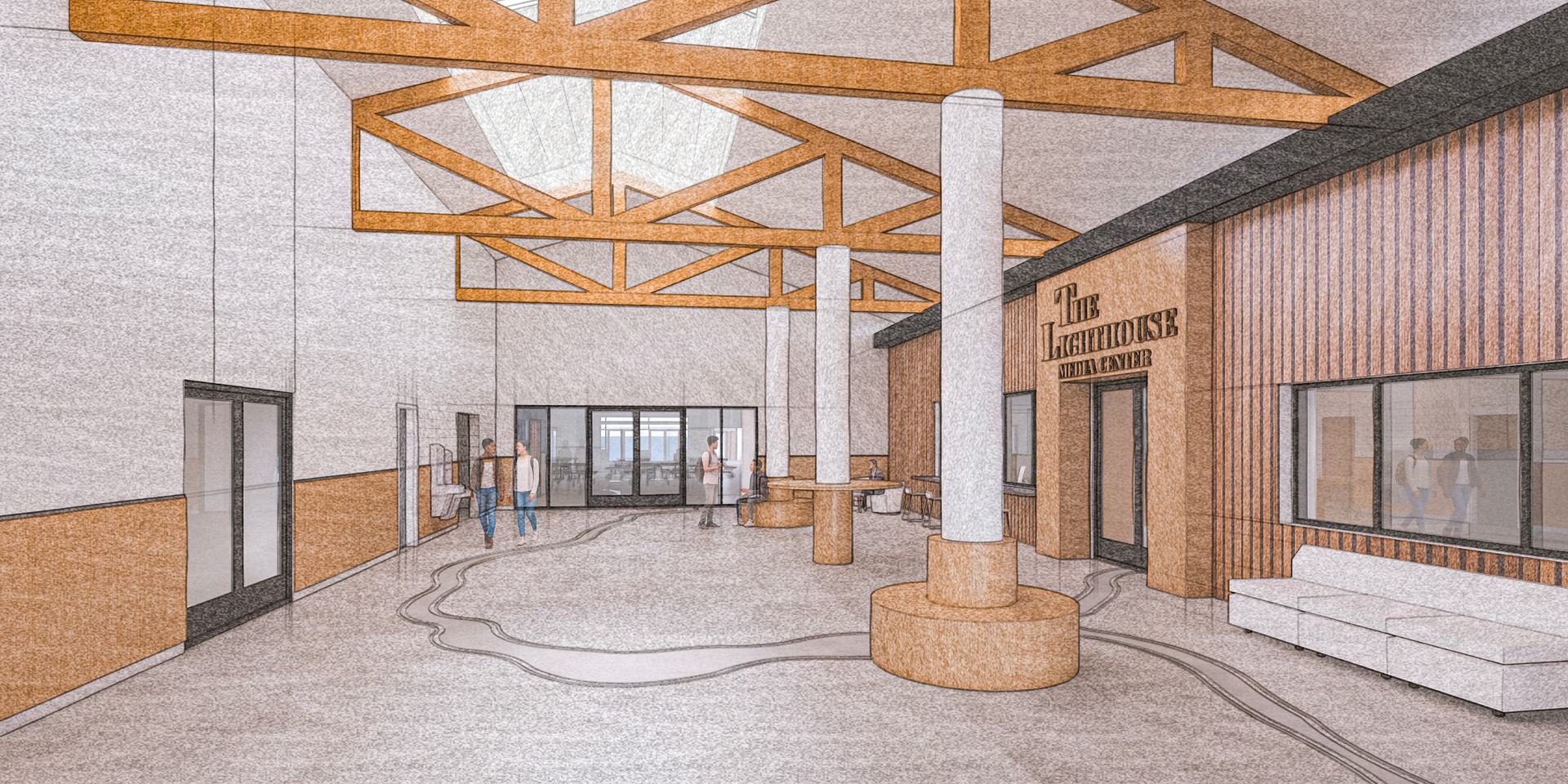 Rendering of the Riverside Jr-Sr High entry commons with exposed wood trusses, skylights, and The Lighthouse Media Center entrance